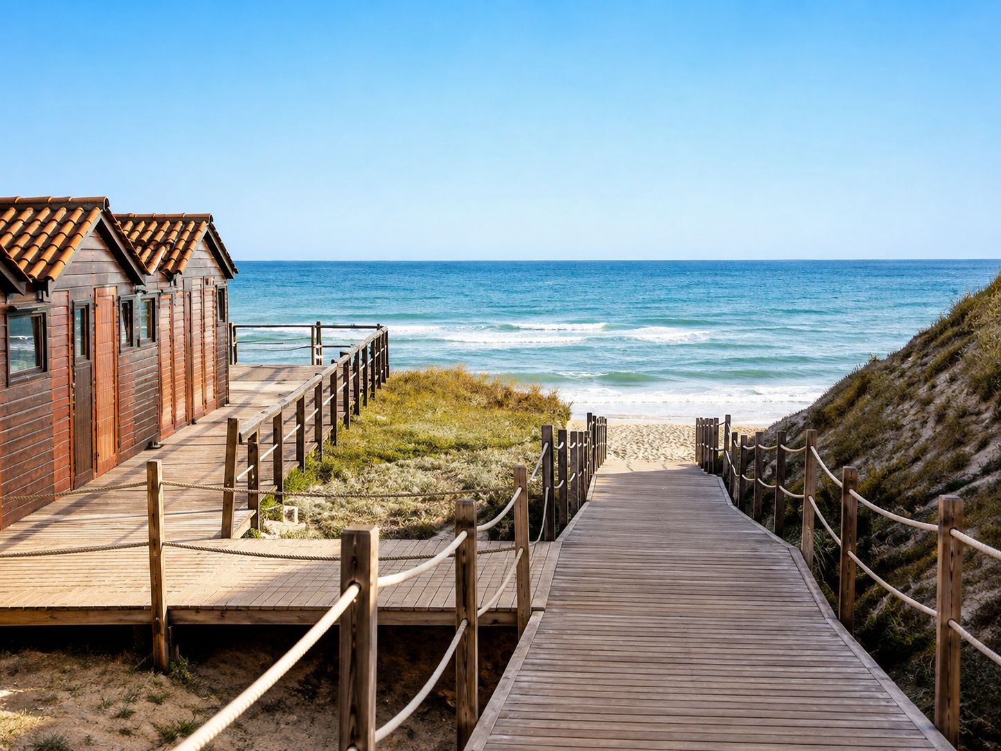 Une promenade en bois menant à des cabanes de plage, d’où l’on a une vue dégagée sur l’océan.