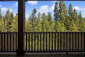 Un balcon en bois offrant une vue sur une forêt dense de conifères.