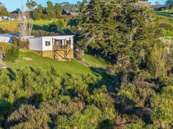 A modern house with a deck, surrounded by lush greenery and trees.