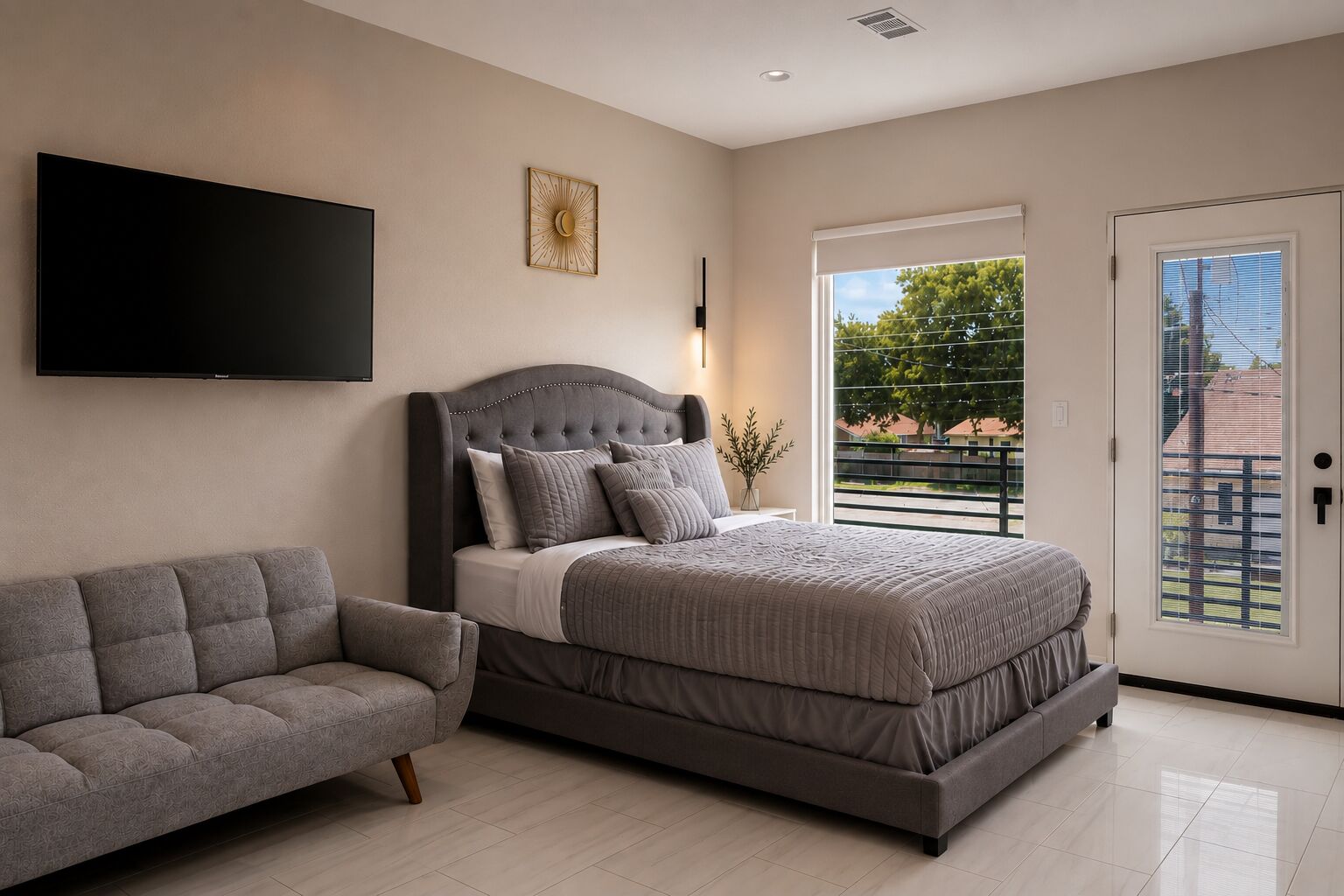 A modern bedroom with a large bed, a sofa, a flat-screen TV, and a window with a view of the outdoors.