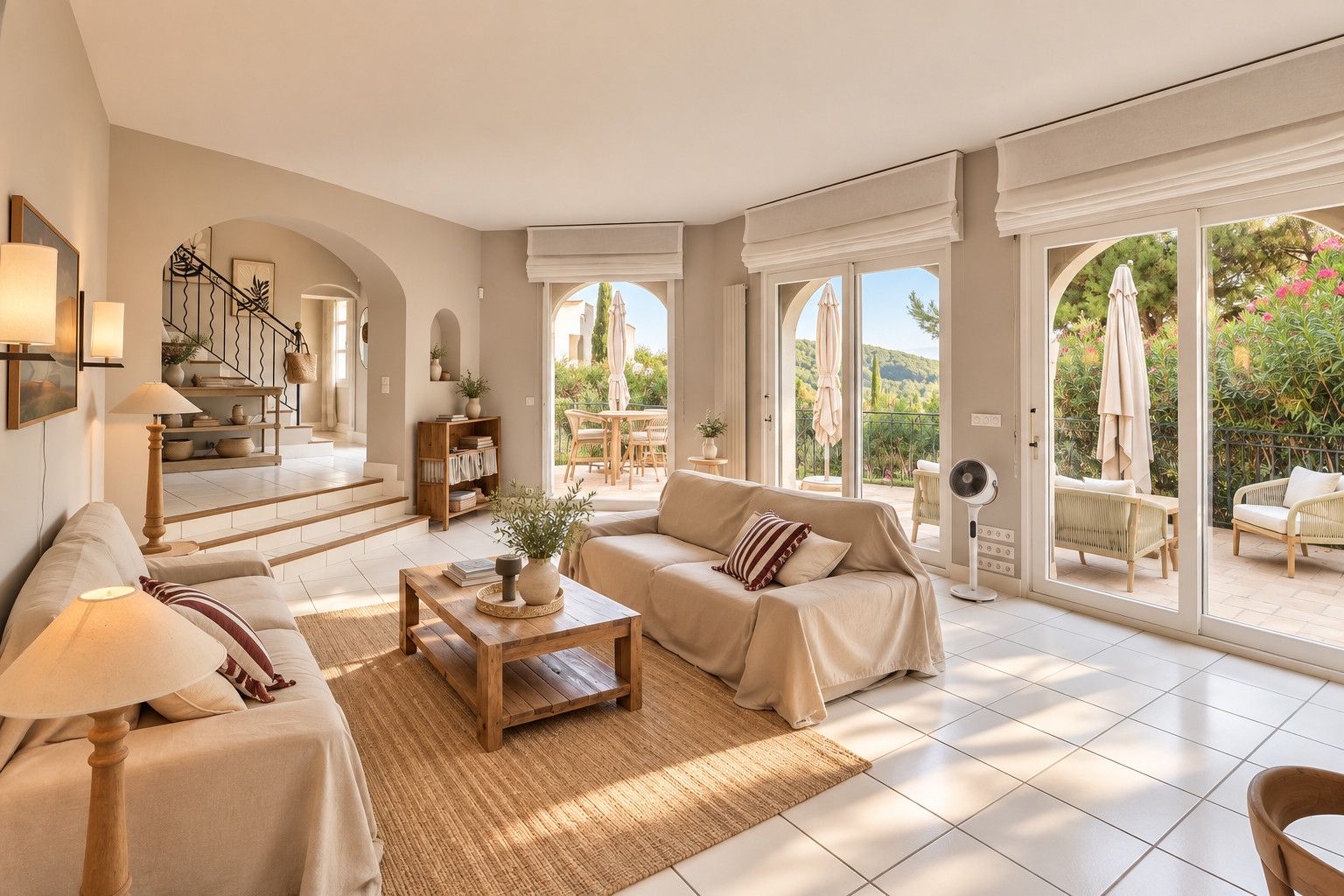 A spacious living room with a sofa, a coffee table, and a staircase leading to an outdoor area.