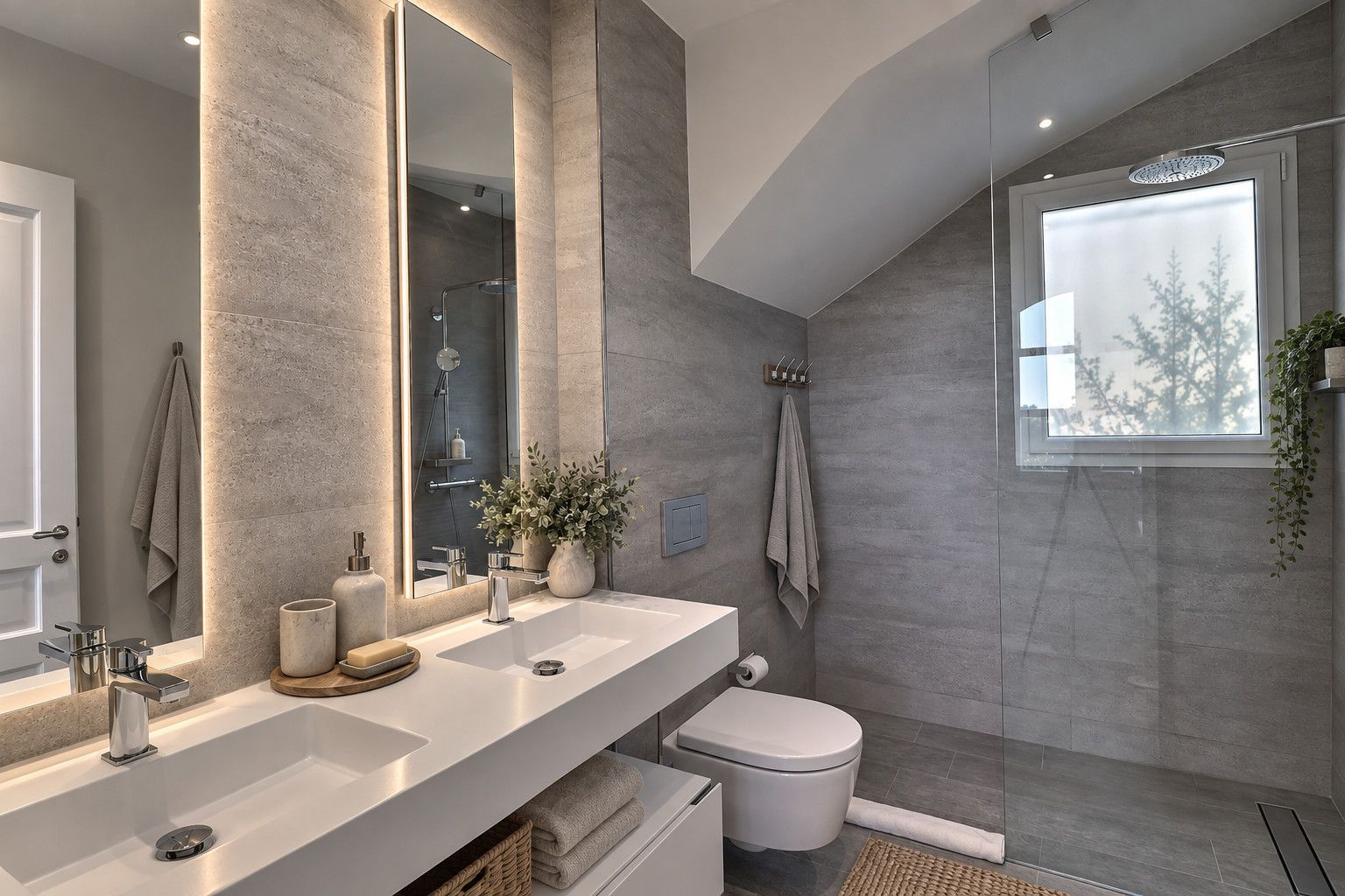Ein modernes Badezimmer mit großem Spiegel, zwei Waschbecken, Toilette und Dusche.