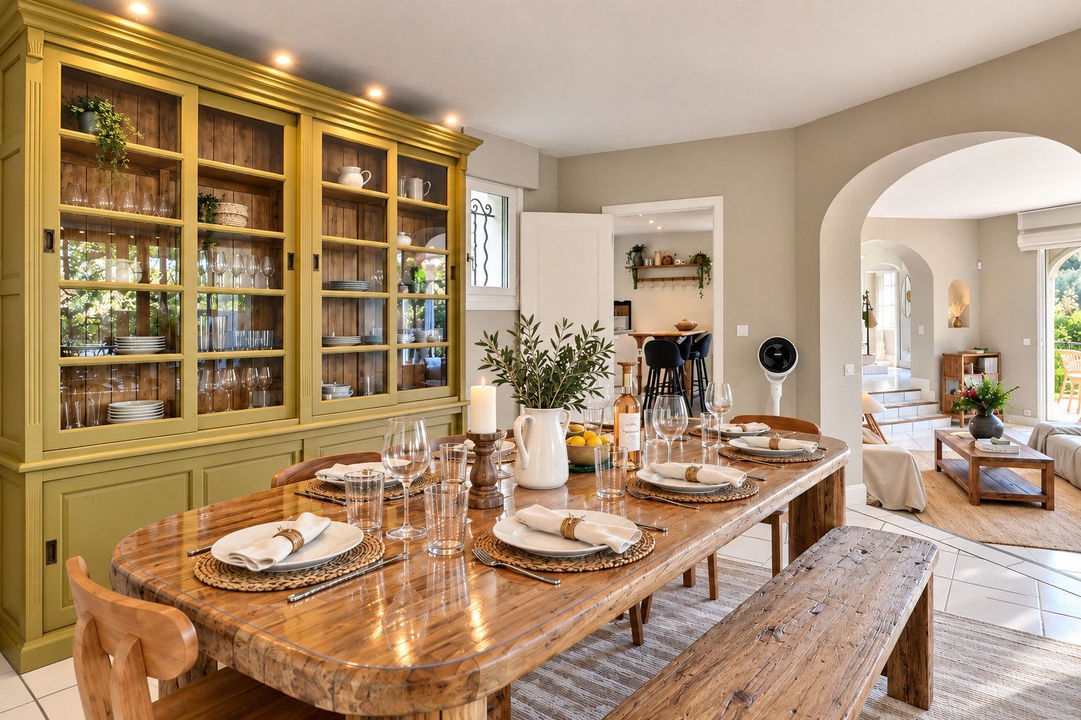 Un comedor con una mesa de madera dispuesta para cuatro personas, rodeado por un aparador verde con puertas de cristal.