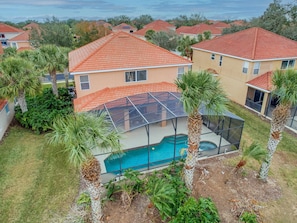 A residential area with houses, a swimming pool, and palm trees. - Palms & Pixie Dust Villa - Pool (Davenport)