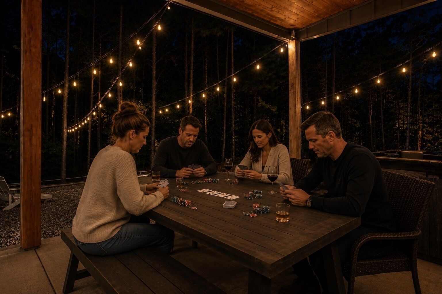 A group of people playing cards at a wooden table outdoors with string lights overhead.