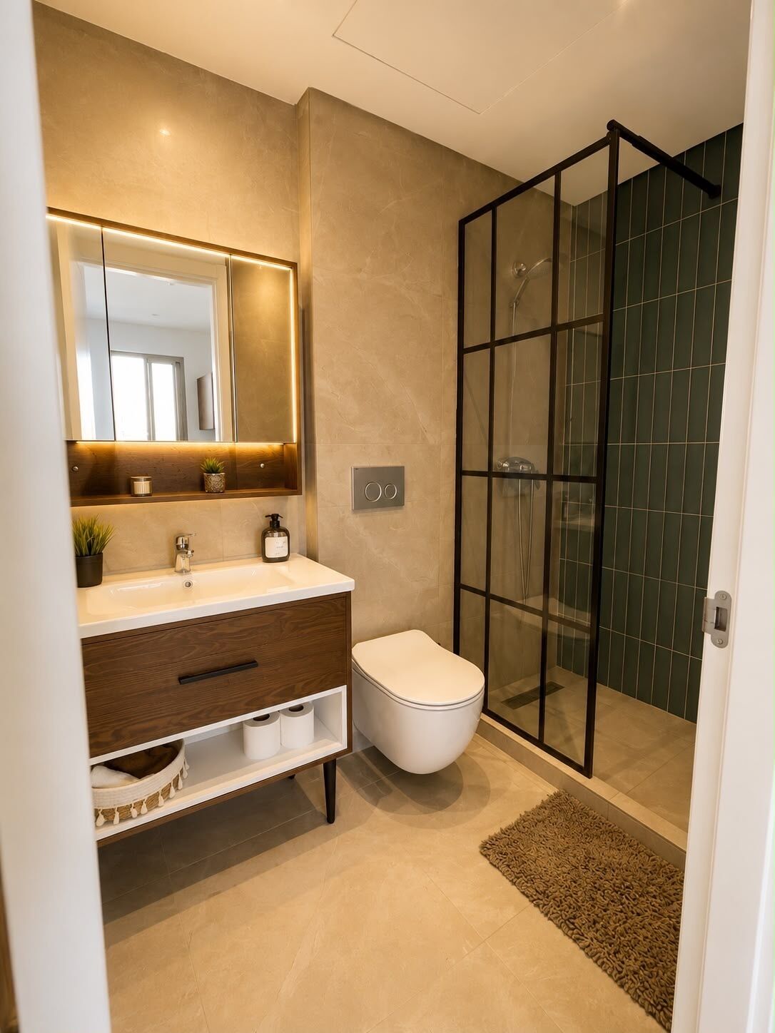 Une salle de bain moderne avec une douche à parois de verre, des toilettes blanches et un meuble-lavabo avec un miroir et un évier.