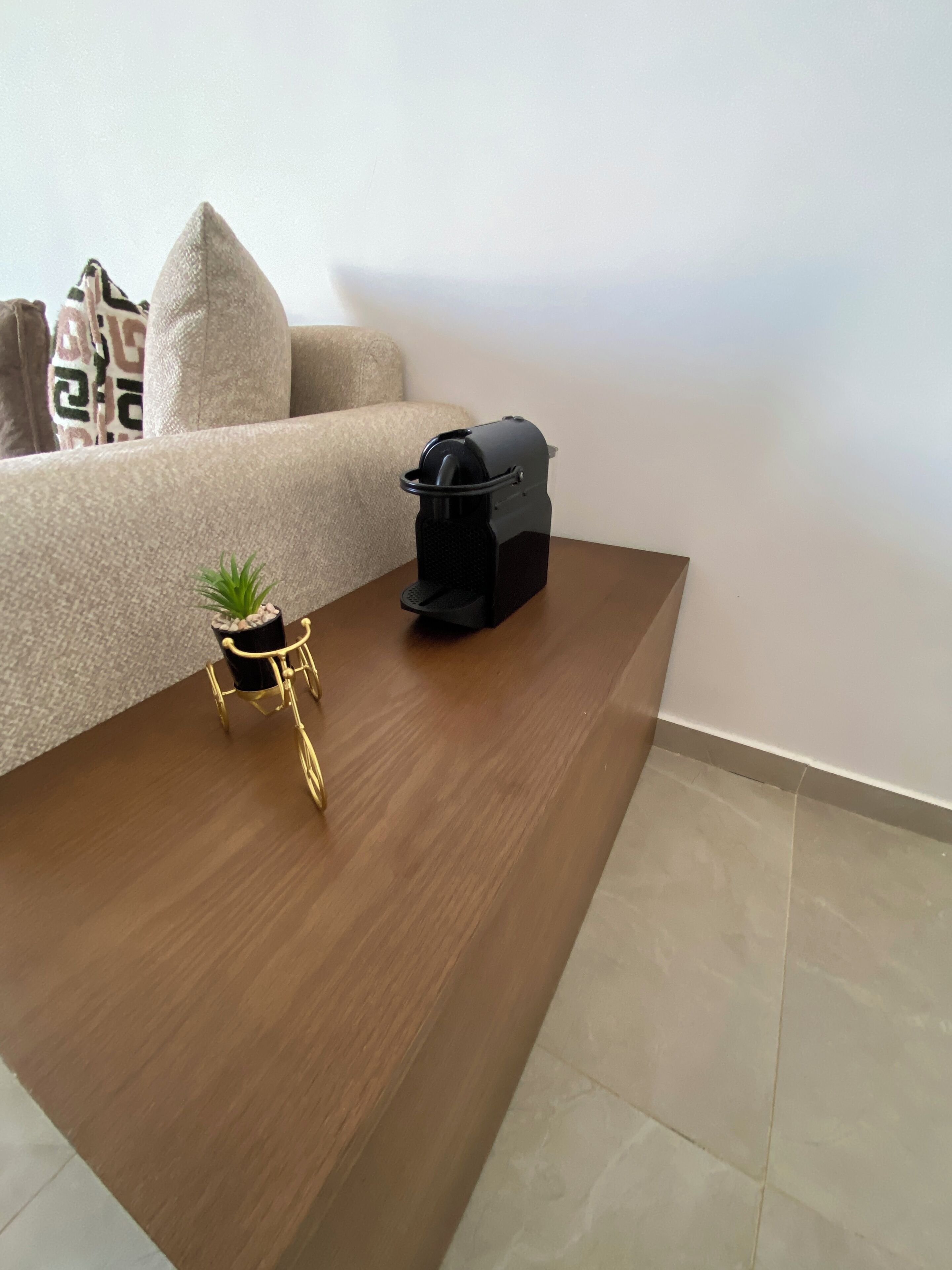 Une table basse en bois, sur laquelle se trouve un pot de plante et un objet noir, peut-être un haut-parleur, dans une pièce où se trouvent un canapé beige et des coussins à motifs.