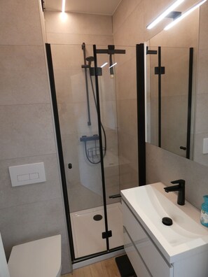 Ein modernes Badezimmer mit einer gläsernen Duschkabine, einem weißen Waschbecken und einem Spiegel darüber.