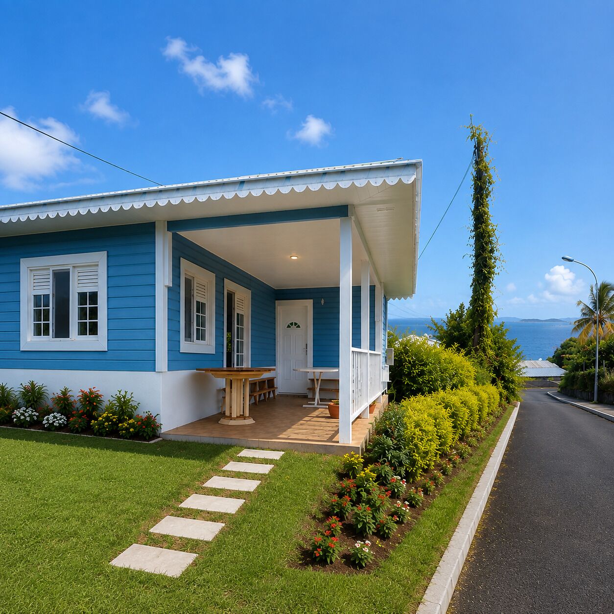 A two-story house with a covered porch, a small table, and a bench.