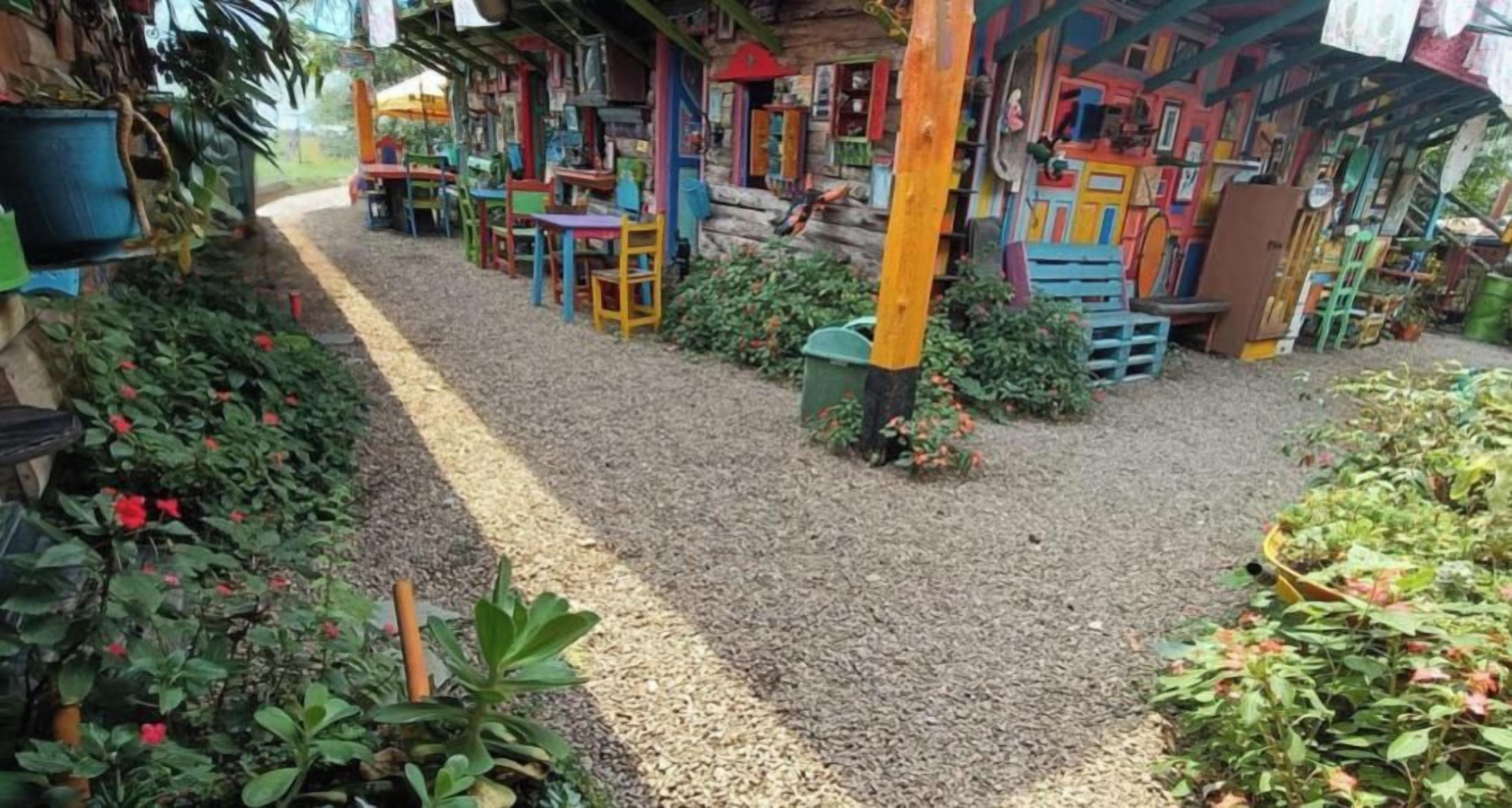 A colorful outdoor seating area with tables and chairs, surrounded by plants and a gravel path.