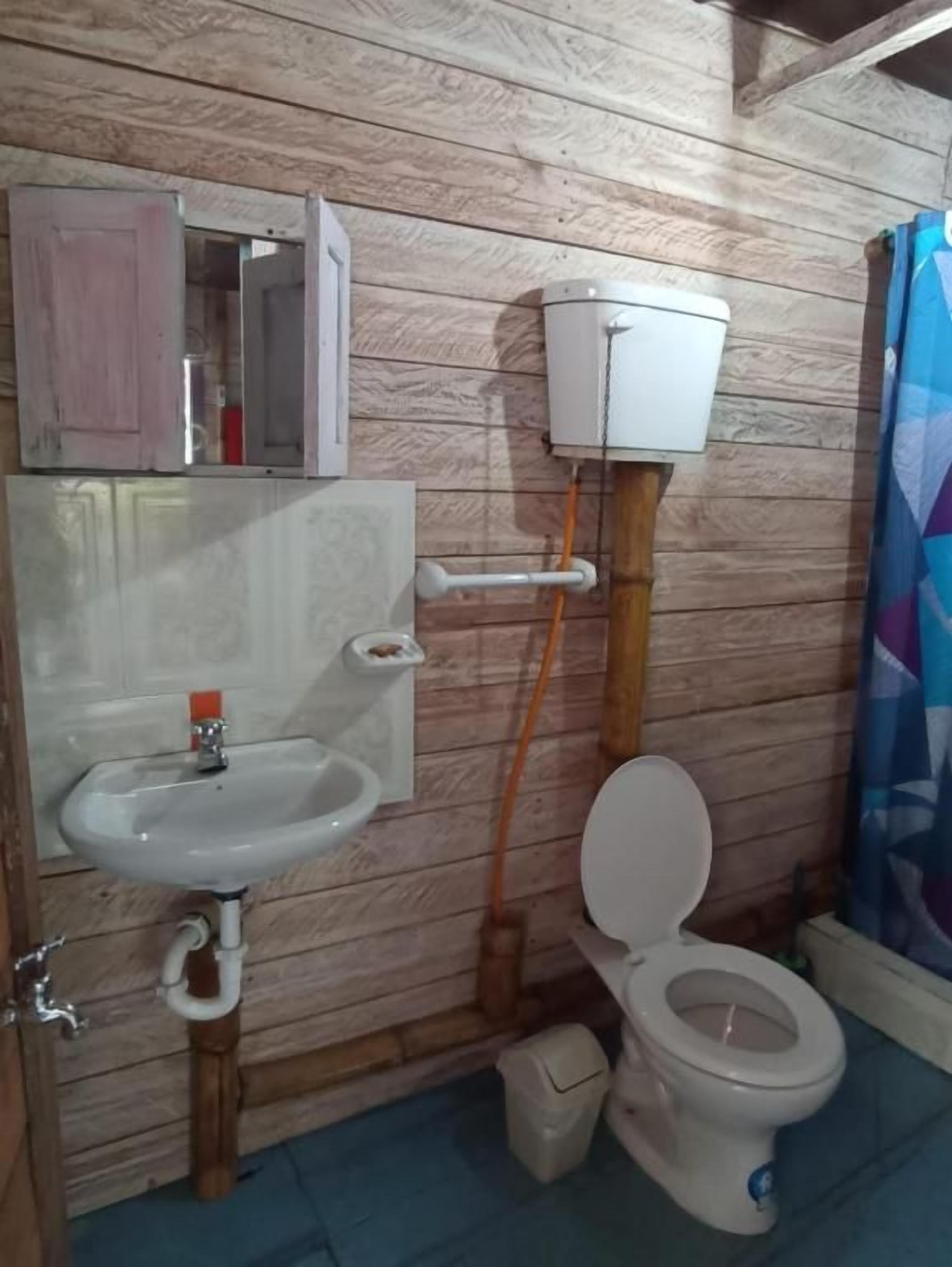 A bathroom with a wooden wall, a white sink, a toilet, and a shower curtain.