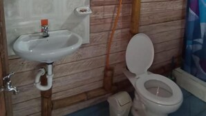 A bathroom with a wooden wall, a white sink, a toilet, and a shower curtain.