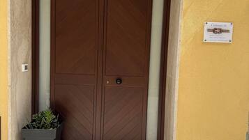 A double wooden door with a glass panel, a potted plant, and a sign with the number 36 on a yellow wall.