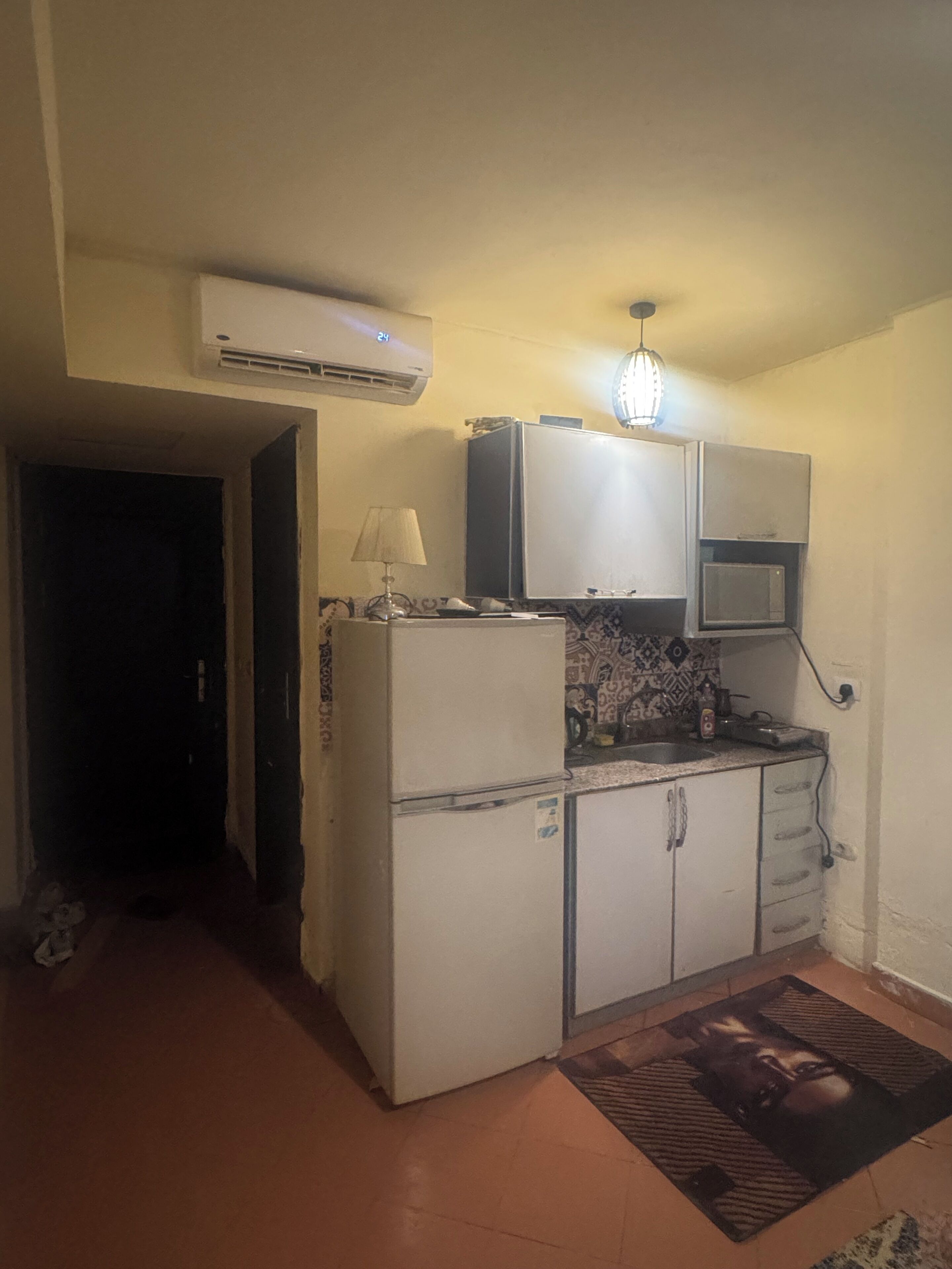 A compact kitchen with a refrigerator, microwave, and a small countertop.