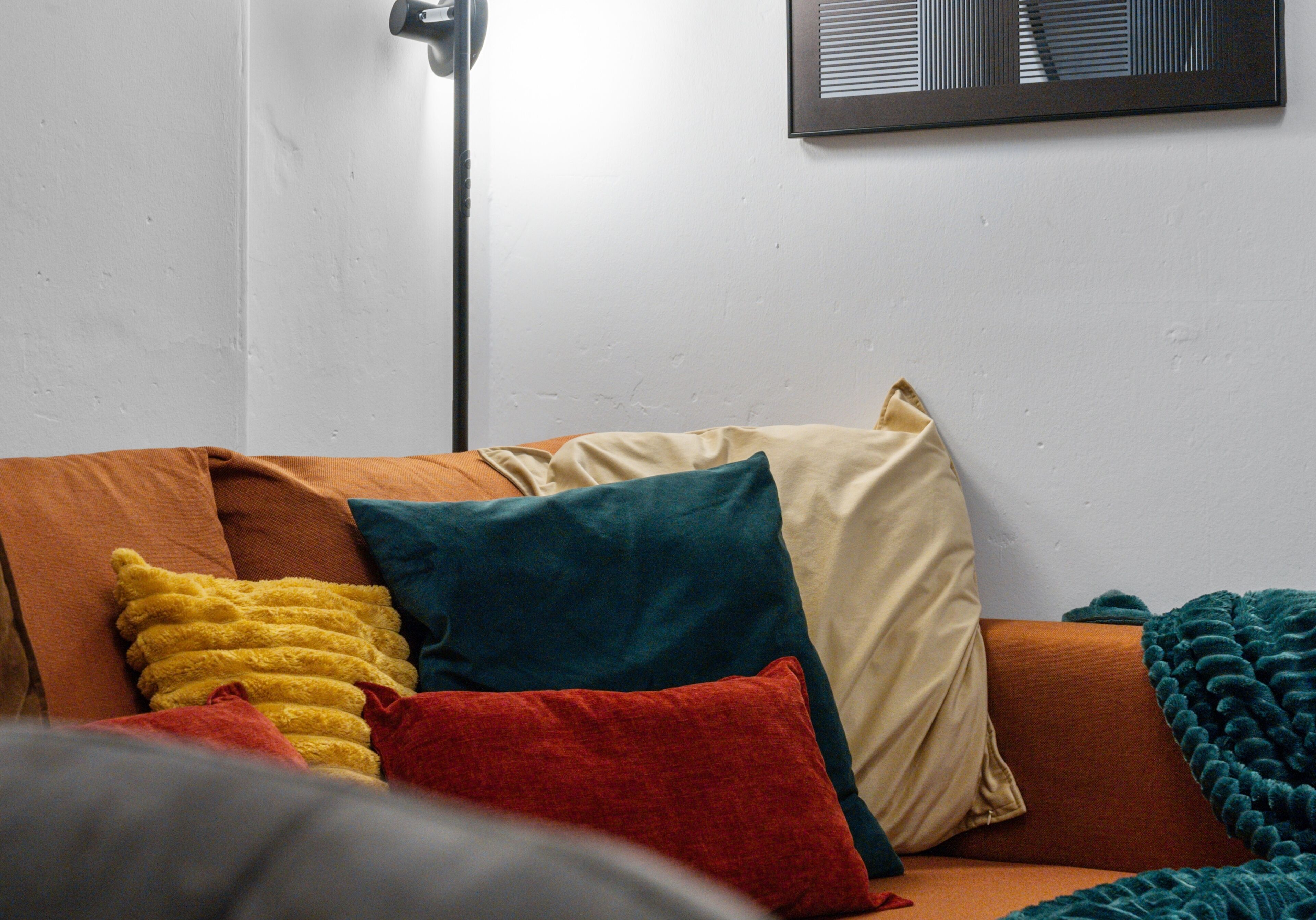A room with a sofa, pillows, a floor lamp, and a framed picture on the wall.