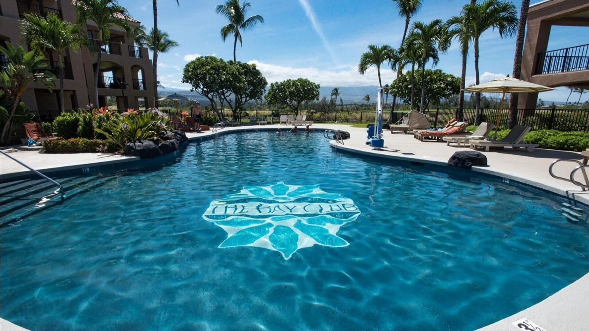 A swimming pool with a tropical design, surrounded by palm trees and lounge chairs.