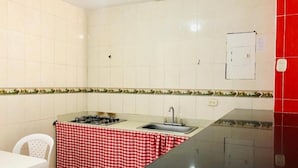 A compact kitchen with a gas stove, sink, and a red and white checkered tablecloth covering the countertop. - Hotel Casa Martina Valledupar (Valledupar)