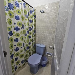 Een kleine badkamer met toilet, douchegordijn en betegelde wand.