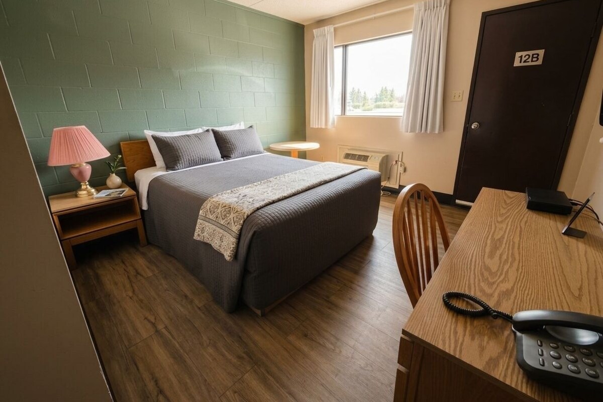 Ein Hotelzimmer mit einem Bett, Nachttisch, Lampe, Schreibtisch mit Telefon und einer Tür mit der Aufschrift '12B'.