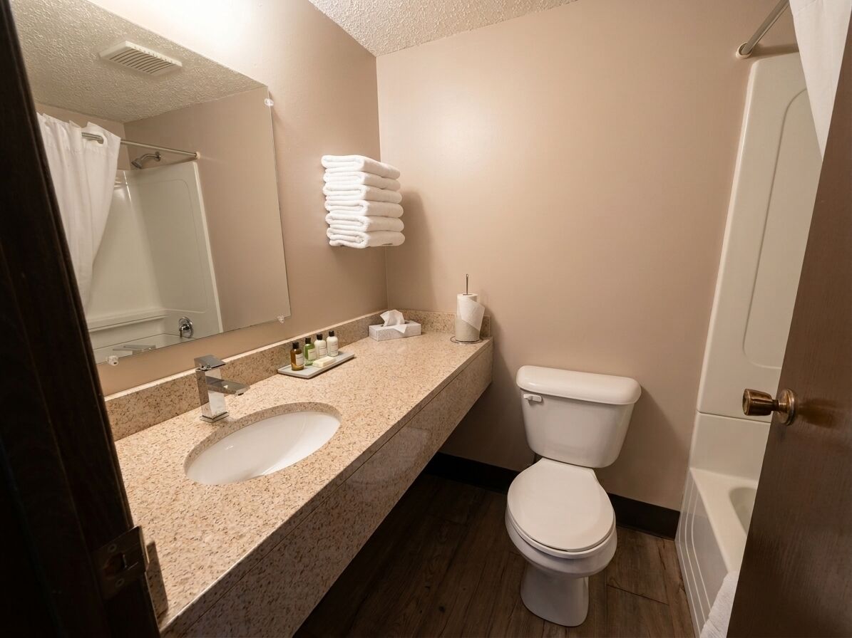 A bathroom with a sink, toilet, and a mirror.
