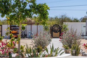 A gated entrance with a decorative gate, a bicycle parked to the left, and a variety of potted plants and flowers in the foreground. - Suite 4: Exquisite Luxury by the Sea (Los Barriles, Baja California Sur)