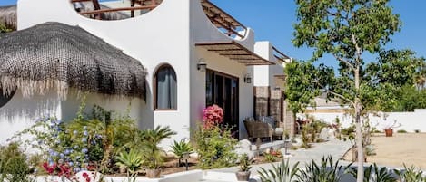 A modern villa with a white exterior, a thatched roof, and a garden with various plants and flowers.