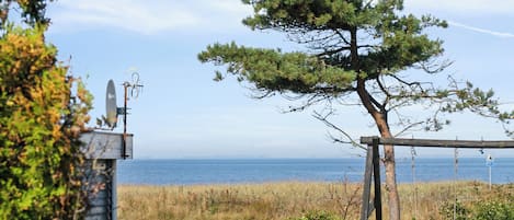 Ein Küstenanwesen mit eingezäunter Fläche, einer Holzkonstruktion und Meerblick.