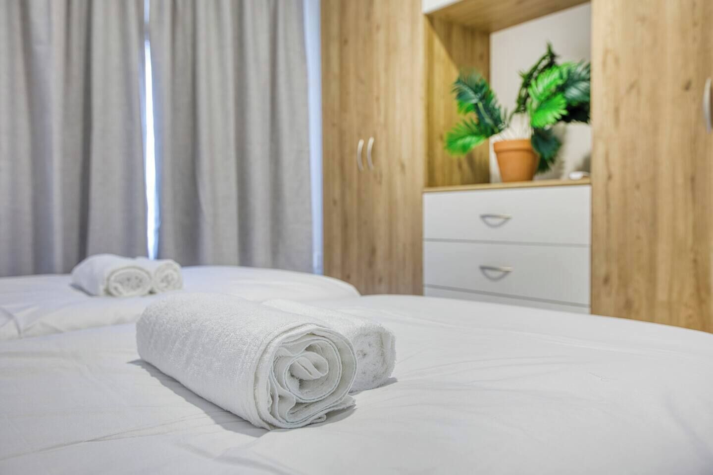 A hotel room with a bed, a wooden wardrobe, and a potted plant.