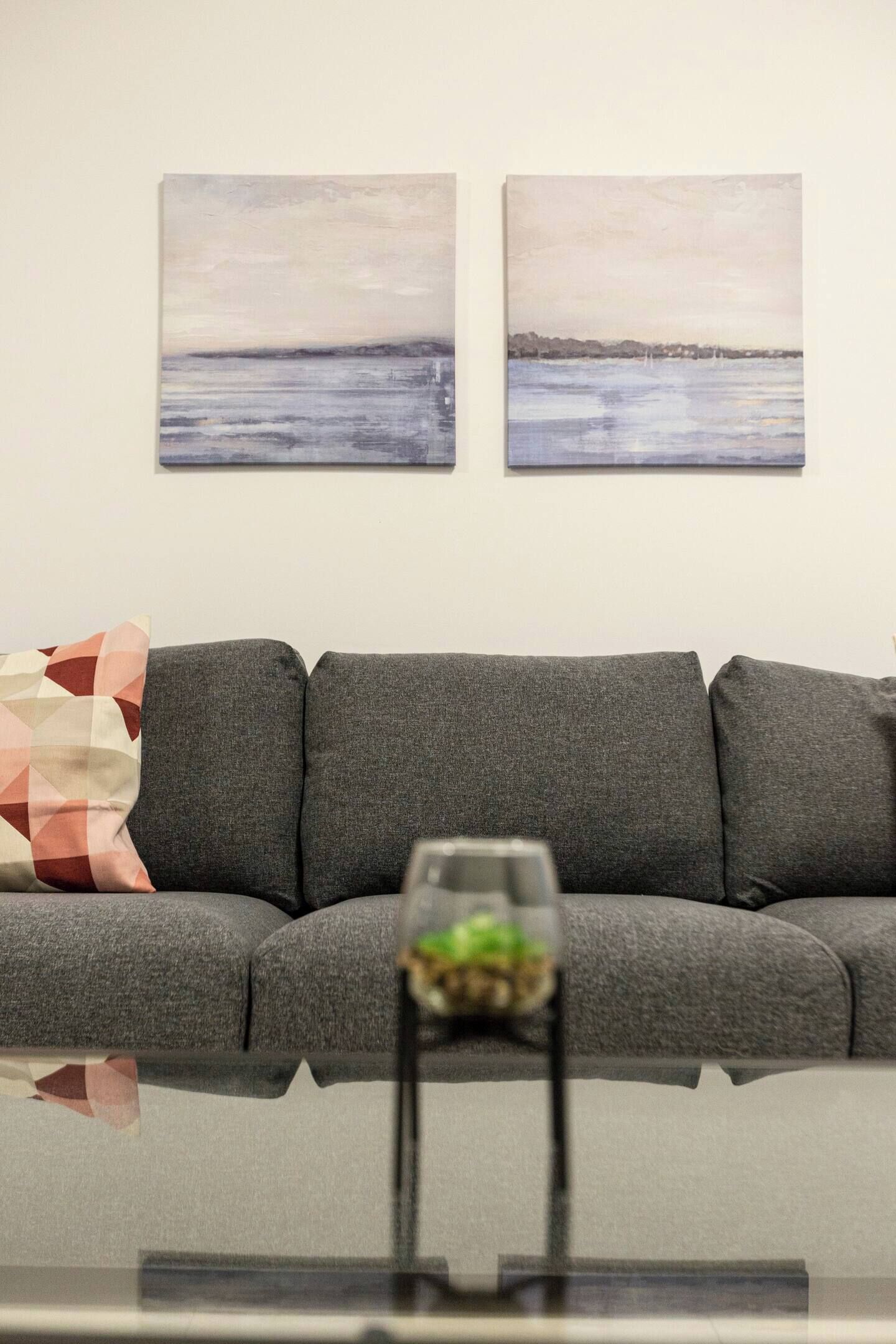 Una sala de estar con un sofá gris, dos cuadros en la pared y una mesa de vidrio con una planta.
