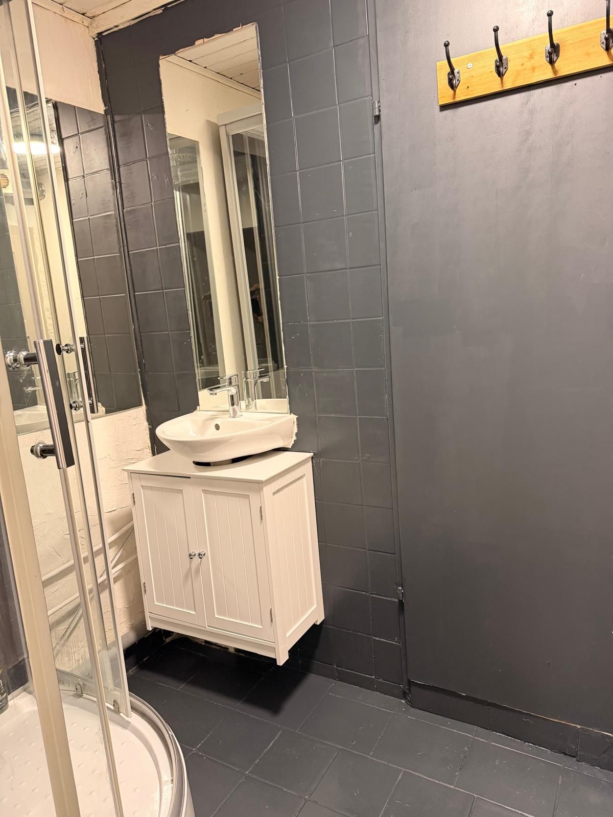 A bathroom with a white vanity, a mirror, a sink, and a shower area.