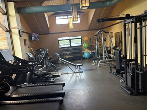 Une salle de sport équipée de tapis de course, d’appareils de musculation et de ballons d’exercice.