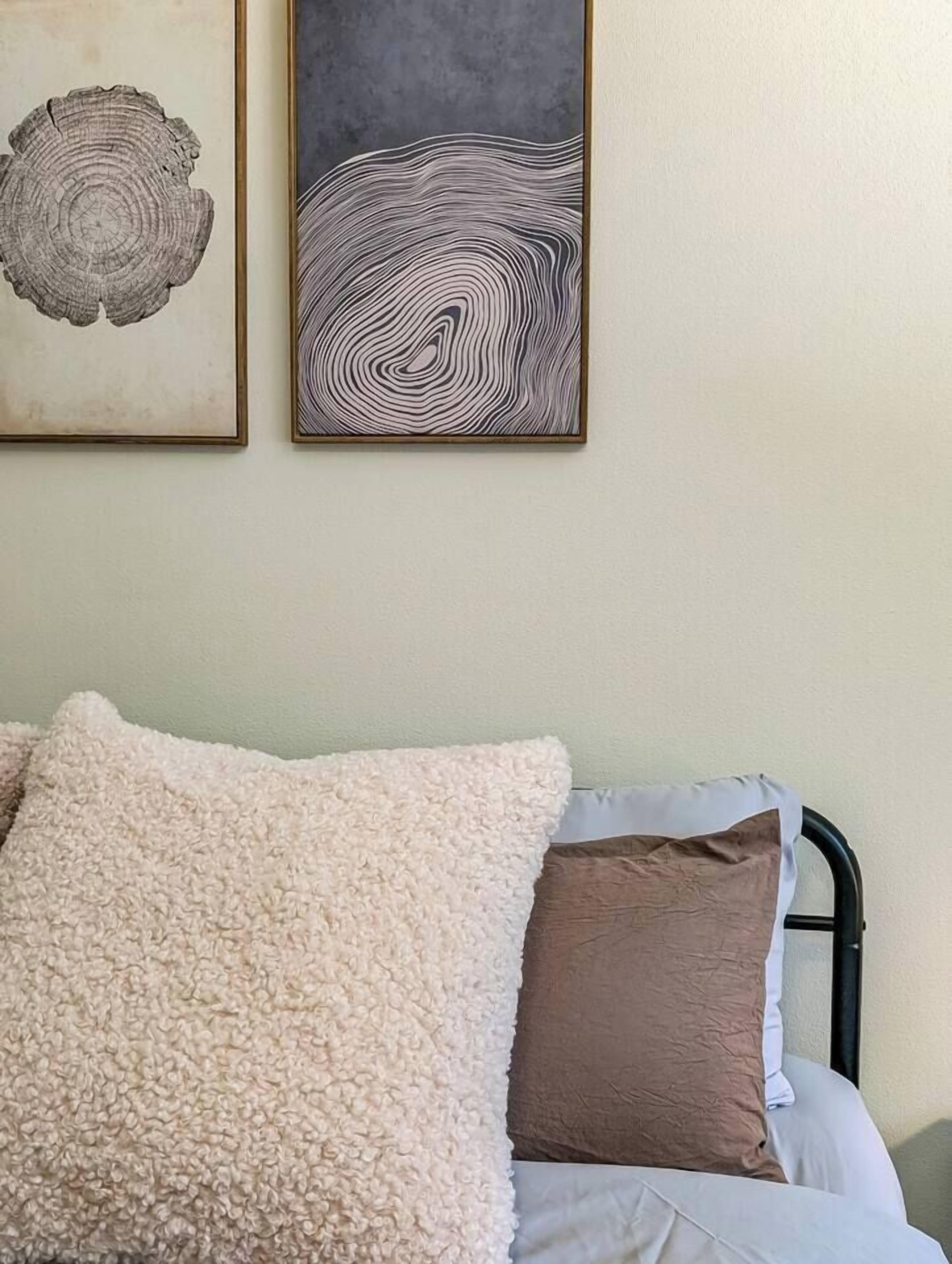 Una cama con dos almohadas, una pared con dos cuadros enmarcados y una pared lisa.