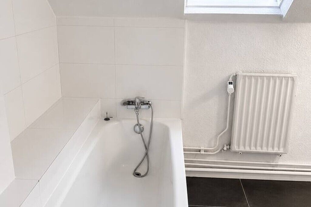 A bathroom with a bathtub, a shower, and a radiator.