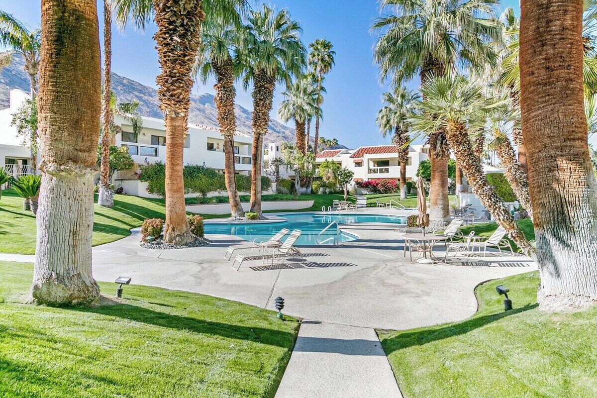 A pool area with lounge chairs, palm trees, and a clear sky.