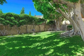 A grassy backyard with a stone wall, a tree, and a picnic table. - PS Villas II Treasure - Budget friendly 1 bedroom (Palm Springs)