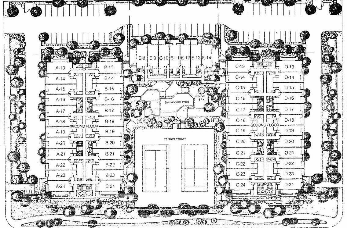 A floor plan of a hotel with labeled rooms, a swimming pool, and a tennis court.