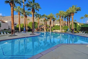 Ein Pool mit Palmen und Liegestühlen.