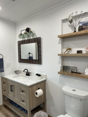 A bathroom with a white sink, a mirror with a decorative frame, a toilet, and a shelf with decorative items. - Railroad Retreat in Moose Pass – Car 0037 (Moose Pass)