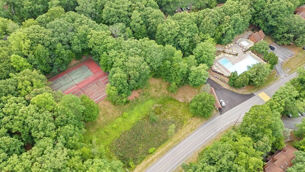 Vista aérea de uma área residencial com vegetação densa, piscina e estrada.