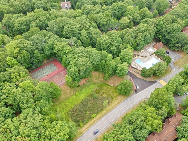 Ett flygbildsbild av ett bostadsområde med tät vegetation, en swimmingpool och en väg.