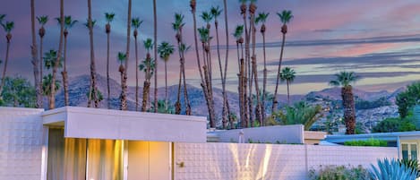 A modern house with a pool, surrounded by palm trees and a mountainous backdrop.