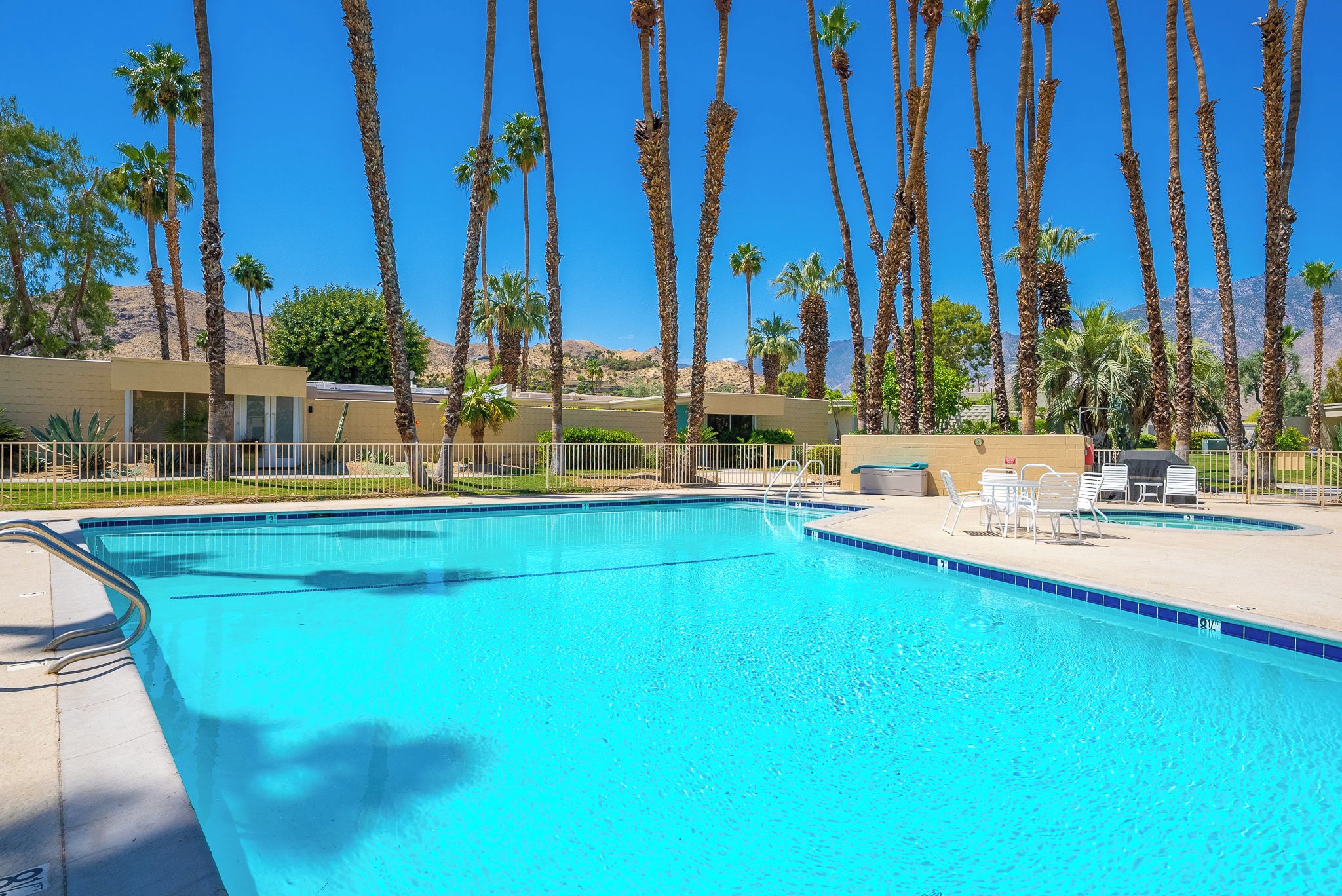A swimming pool with a clear blue water, surrounded by palm trees and a fence.