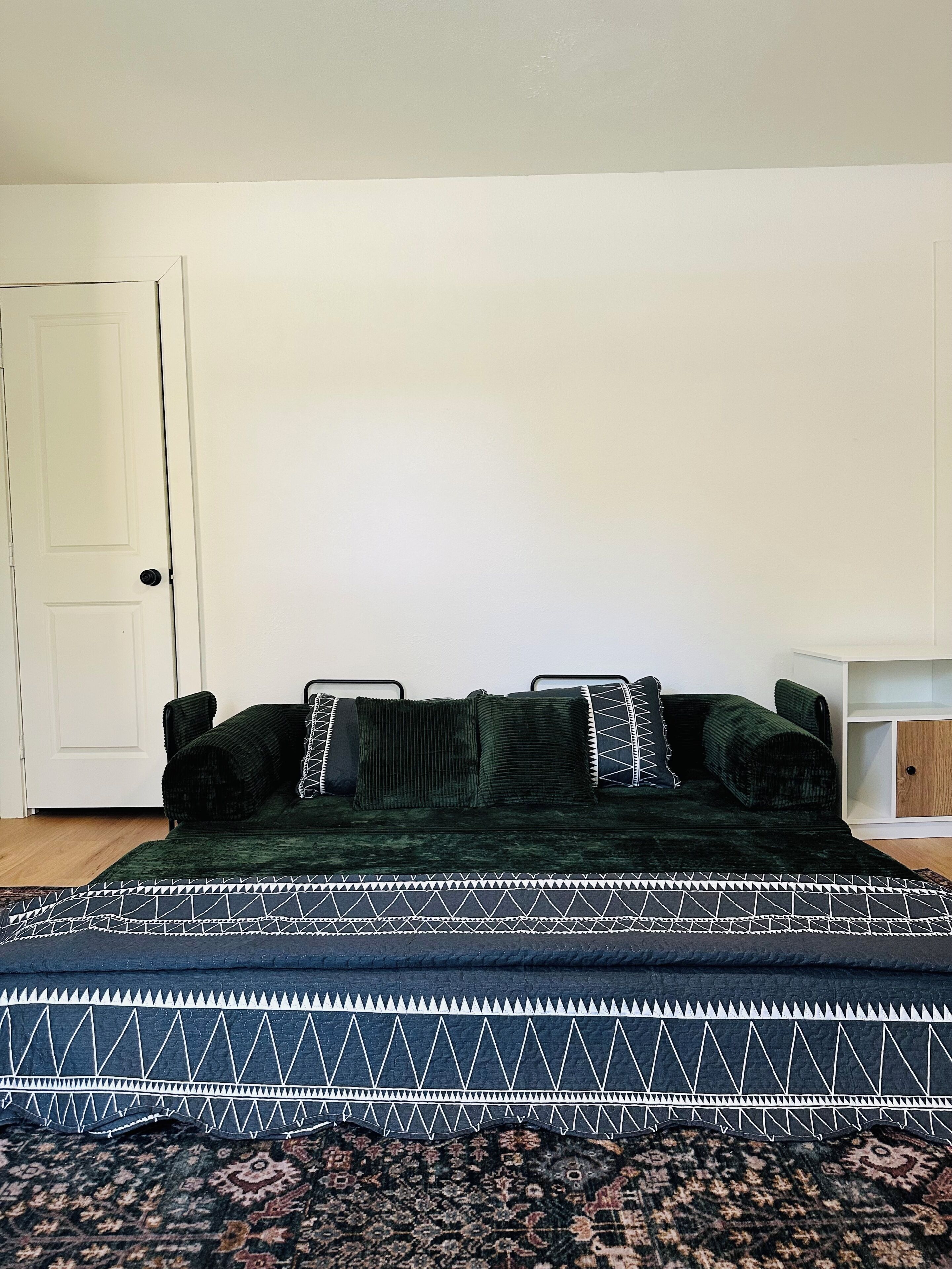 A room with a dark green sofa, patterned pillows, a patterned rug, a white door, and a white cabinet.