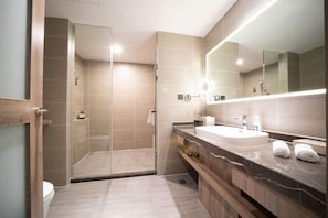 Een moderne badkamer met een douche met glazen wand, een wastafel met een grote spiegel en een toilet.