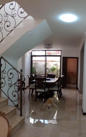 A dining area with a table and chairs, a chandelier, and a dog lying on the floor.