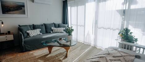 A modern living room with a sofa, a glass coffee table, a rug, and a potted plant.