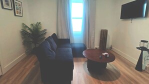 Ett vardagsrum med en soffa, ett soffbord, en tv och en växt.