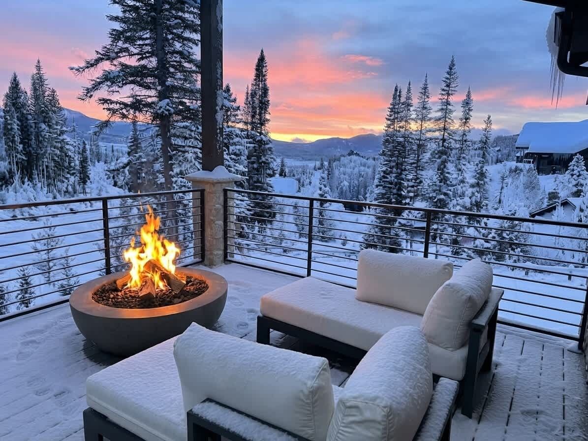 A snow-covered deck with a fire pit and outdoor seating.