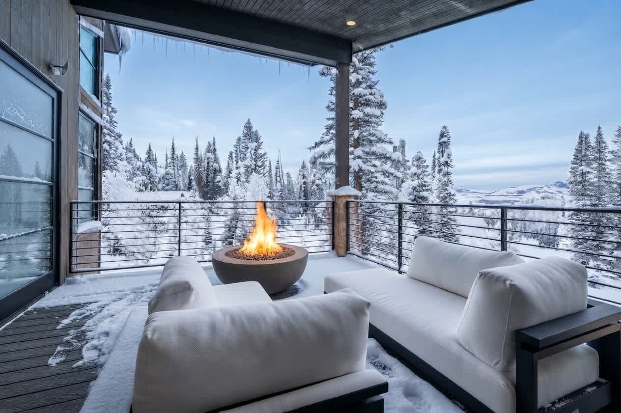 A balcony with a fire pit and white furniture, overlooking a snowy landscape.