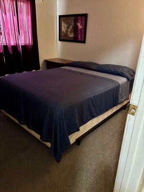 Una cama individual con un edredón azul oscuro y estructura de madera, una mesita de noche, un cuadro en la pared y una puerta a la derecha.